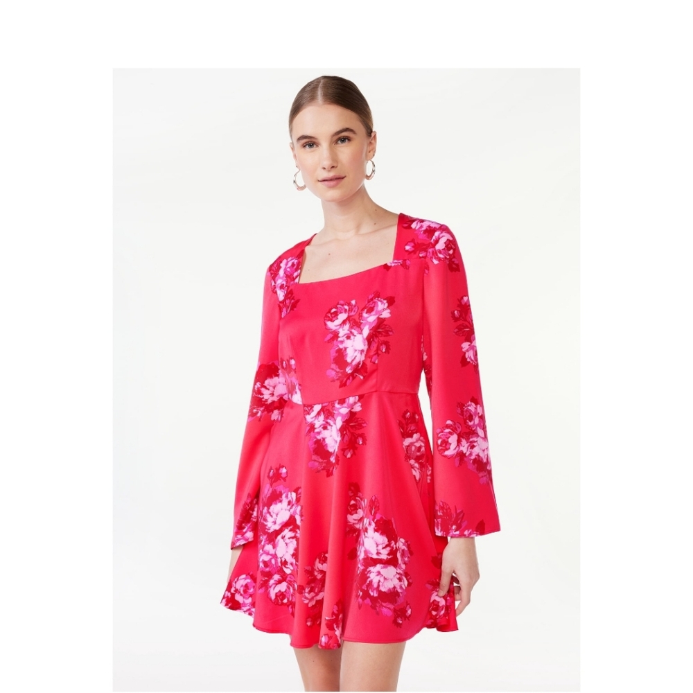New, Scoop Square  Neck Short Dress, Burberry Orchid Floral, size: XL (16-18)